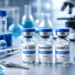 Growth hormone peptides vials for research CJC-1295 and Ipamorelin peptide vial close up